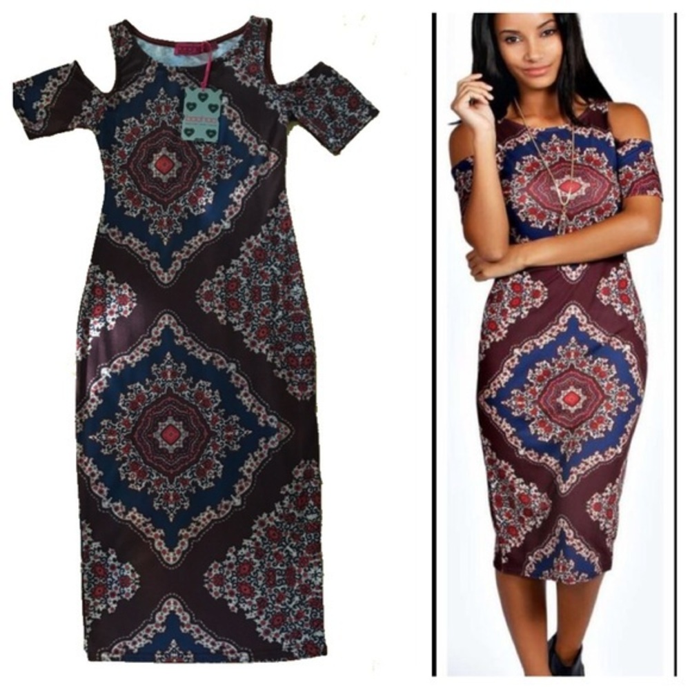 Boohoo NWT Lilly Open Shoulder Midi Bodycon Dress